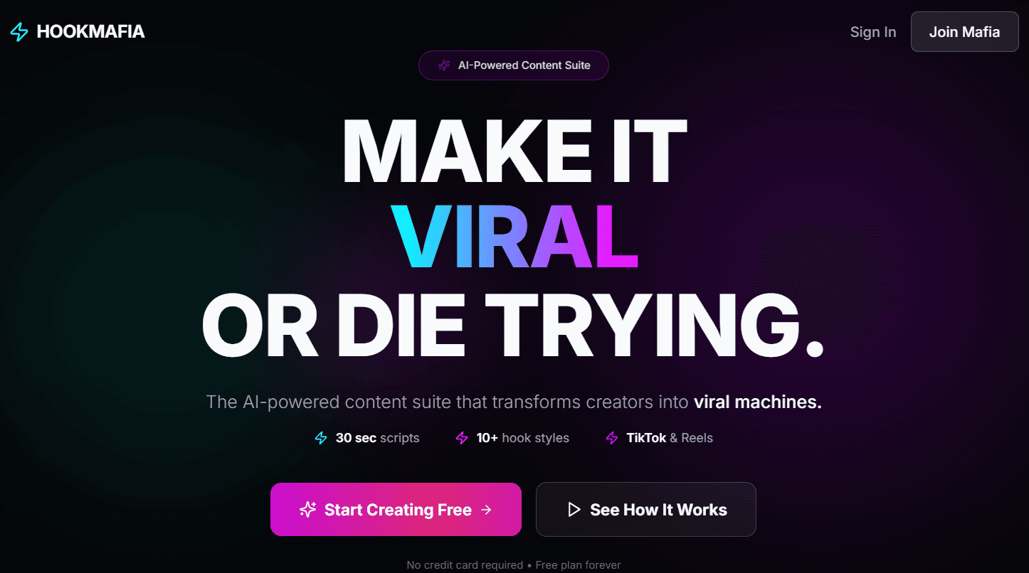 HookMafia AI video content generator dashboard